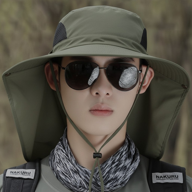 트랜드락 햇빛차단 낚시모자 얼굴커버 등산모자, 아미그린