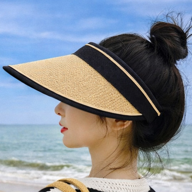 행복한 잡화점 와이드 왕골썬캡 여자 밀짚 바캉스 나들이 외출 선바이저 라피아 모자