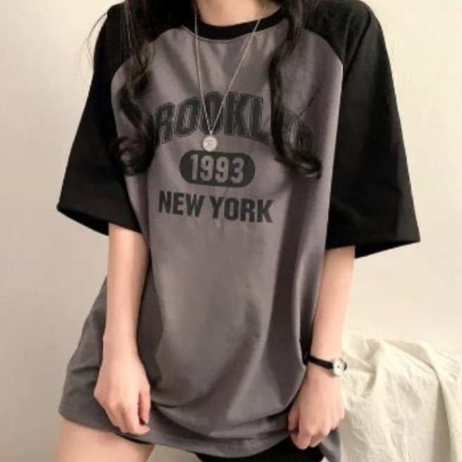 나인테일 여름 여성 캐주얼 브룩클린 나그랑 배색 박시한 오버핏 라운드넥 반팔티 4컬러