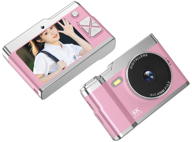 ANYOU 디지털 카메라 4K 영상 고화질 셀카 소형카메라 64GB 메모리 카드, 핑크색, 핑크색