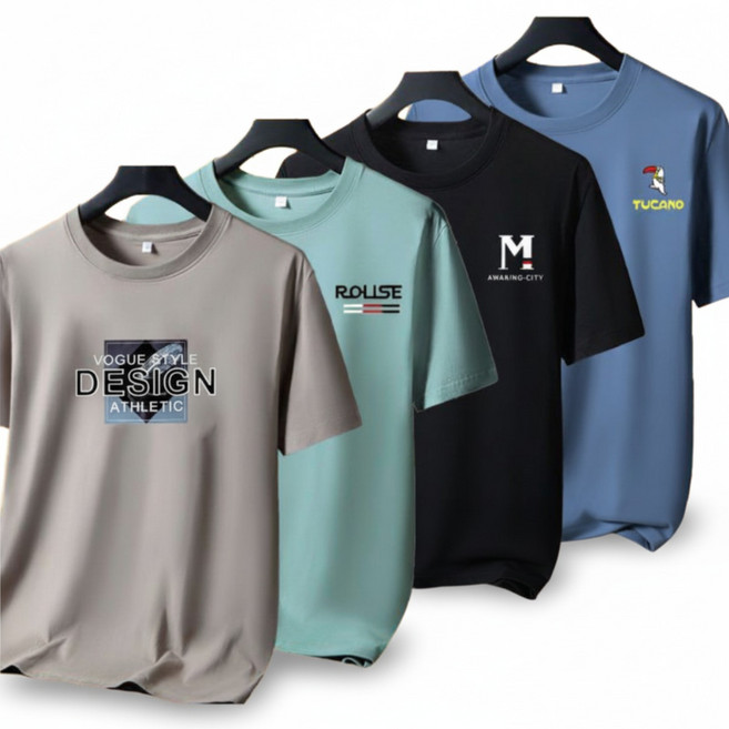 남성용 라운드 반팔 티셔츠 코튼 소재 땀 흡수 기능성 레터링 디자인 루즈핏 캐주얼 스타일 편안한 착용감 여름 남성 상의 아이템입니다