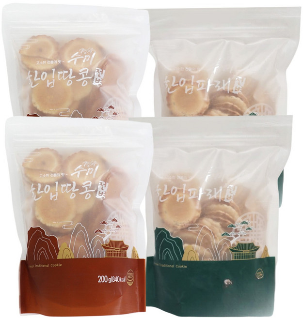 자연톡 두가지 맛 구성 수미 미니 한입 전병 땅콩전병 파래전병 지퍼형 봉지포장 경주 수미가 옛날과자 간식, 4개, 200g