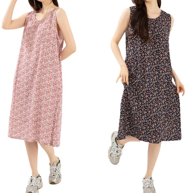 시크나인 1+1 아사면 꽃무늬 원피스 잠옷 홈웨어 나시 반팔