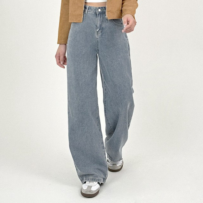 바이일이오 여성 와이드 스트레이트 핏 일자 롱 기장 데님 팬츠