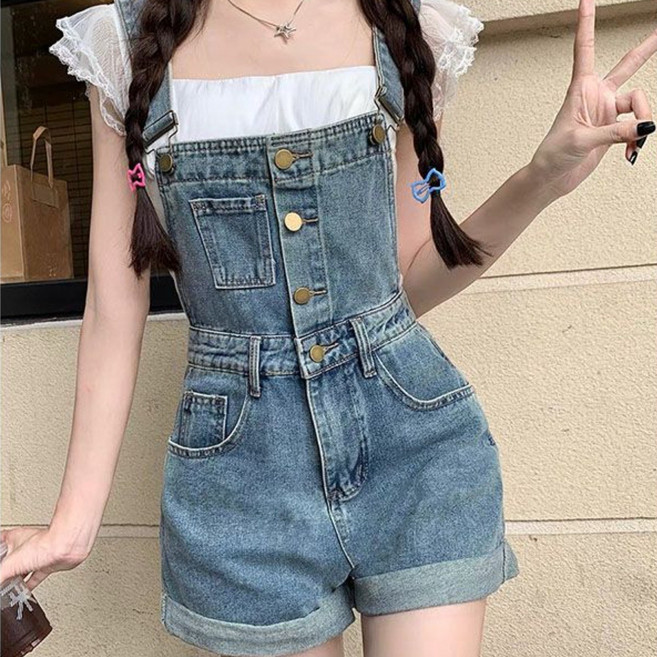 COSYEVNO 데님 멜빵바지 여자 여름 캐주얼 코디 롤업 날씬해 보이는 와이드 반바지