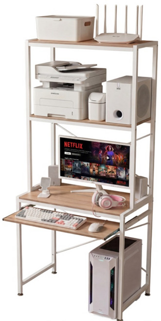 선반책상 3단책상 좁은 공간 책상 수납 컴퓨터 책상, 우드