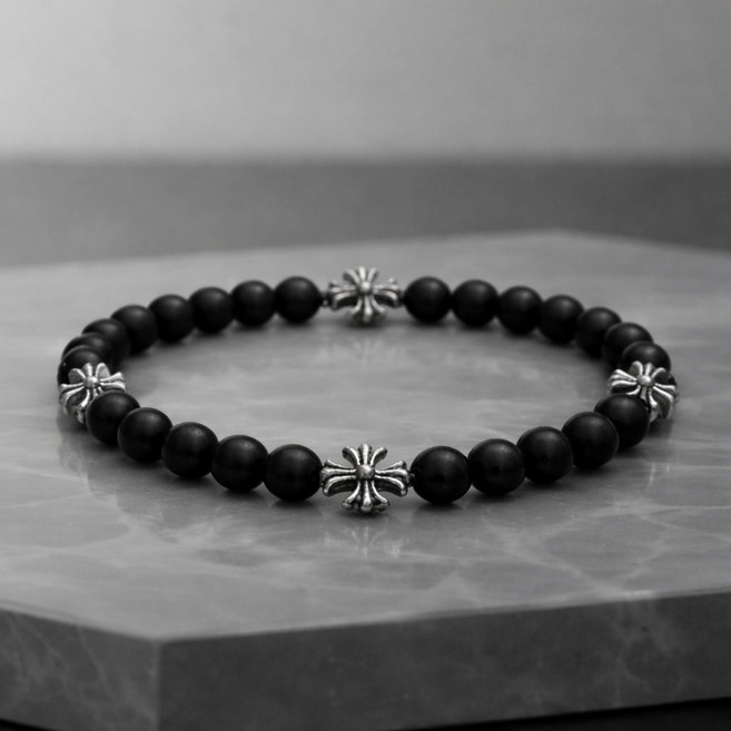 크롬 스타일 무광 오닉스 십자가 4포인트 6mm 원석 순은 팔찌