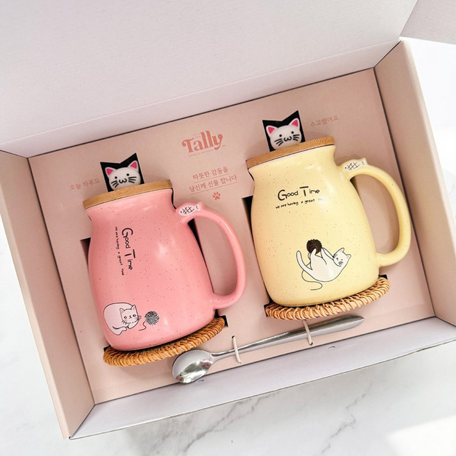 귀여운 예쁜 고양이 머그컵 세트 2종 선물, 핑크,노랑 선물세트 (컵받침 스푼 포함), 1개