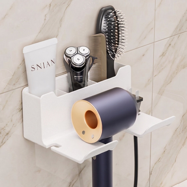 리치그로우 좁은 욕실 필수템 무타공 3칸 분리수납 드라이기 거치대 다용도 수납함 3Color, 화이트(White), 1개