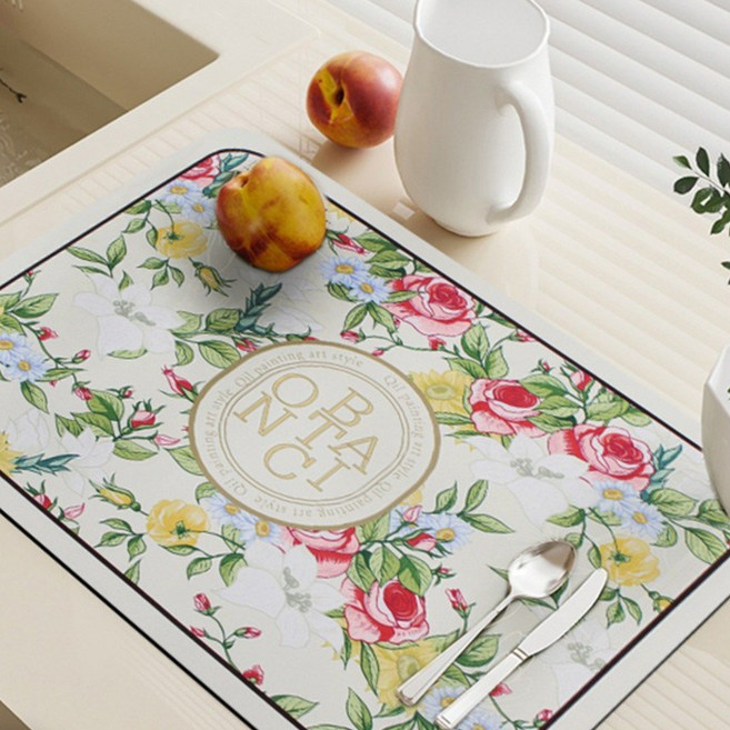 투데이리빙 2종 세트 규조토 드라잉 식기 건조 매트 주방 식탁 테이블 싱크대 깔개, R89154A(플라워, 1세트