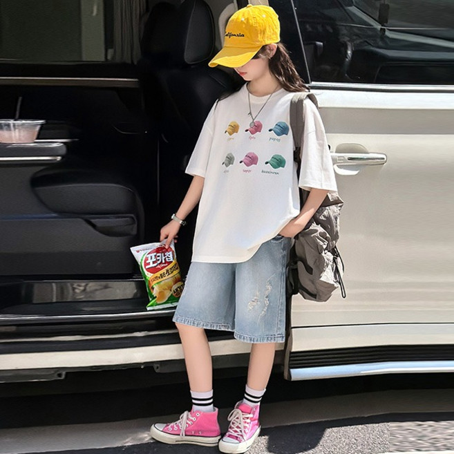 비비키드 여아 여름 상의 초중생 하의 주니어 캡모자 프린팅 반팔티 데님 반바지 초등생 상의+하의 세트 (W757)