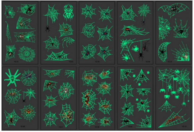 KC인증거미 어린이 타투스티커 ZH타입 할로윈 소품 꾸미기 판박이 집콕놀이 헤나 문신 오래가는 방수 스티커, 1세트, 거미 야광 타입 YZ 10매
