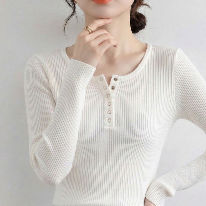 여성 골지 모달 라운드 슬림핏 긴팔 티셔츠