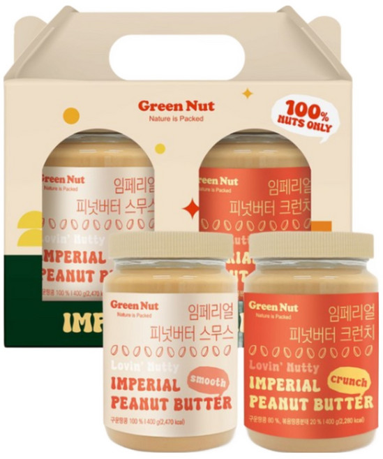 무첨가 / 무설탕 땅콩버터 100% 피넛버터 2입 선물세트 (스무스 400g +크런치 400g), 1세트, 800g
