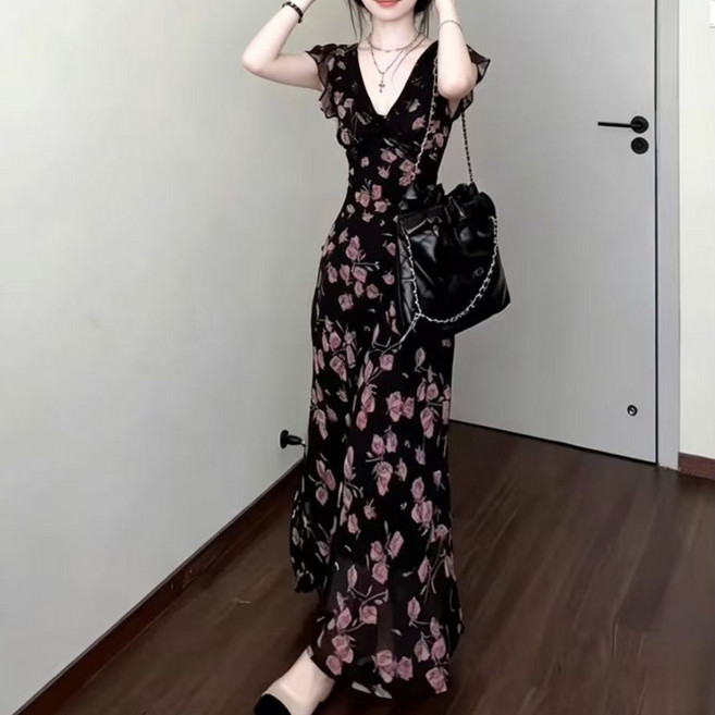 COSYEVNO 여성 봄여름 플로럴 롱 원피스 머메이드 퍼프소매 캐주얼 LFHshq-6