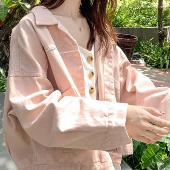 DEARHUA 여성 핑크 포인트 숏 캐주얼 청자켓 이른 봄 카라 간절기 아우터 코디 루즈핏 단추 디자인 칼라 오버핏 학생 크롭 빅사이즈 추천 여자 베이직 세미 코트 데님 재킷