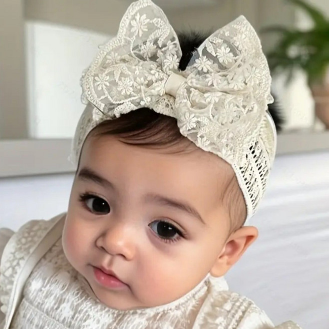 코지베베 여아 고급 화이트 레이스 빅리본 헤어밴드