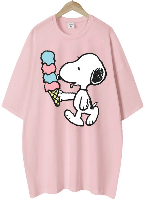 엠제이스타 스누피 여성 아이스크림 반팔 루즈핏 롱 프린팅 캐릭터 티셔츠 오버핏 반팔티