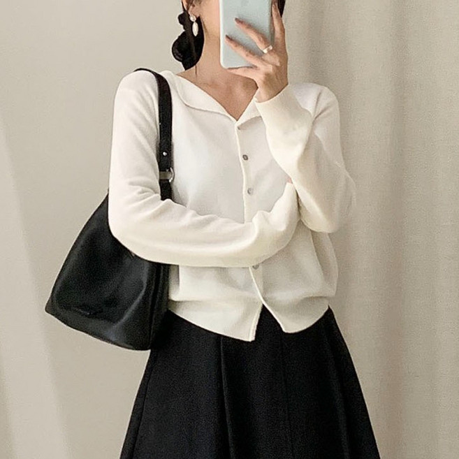 SONOVA 쏘노바 여성 여리핏 세일러카라 슬림핏 가디건 봄 간절기 데일리 얇은 니트 아우터