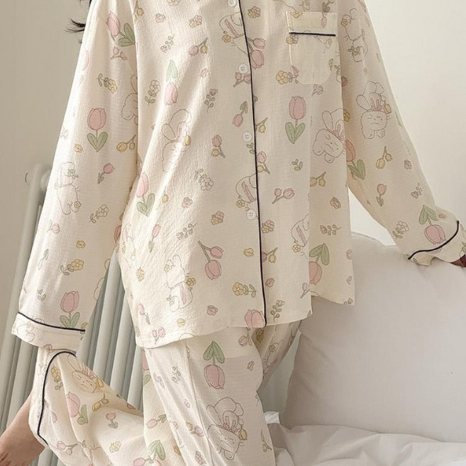 MUGIO 여성 소프트 긴팔 카라 파자마 수면 잠옷