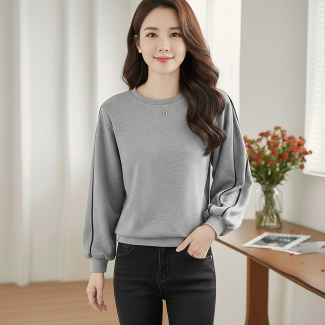 파트마 여성 티셔츠 퍼프 소매 두줄 포인트 라인드넥 긴팔 맨투맨