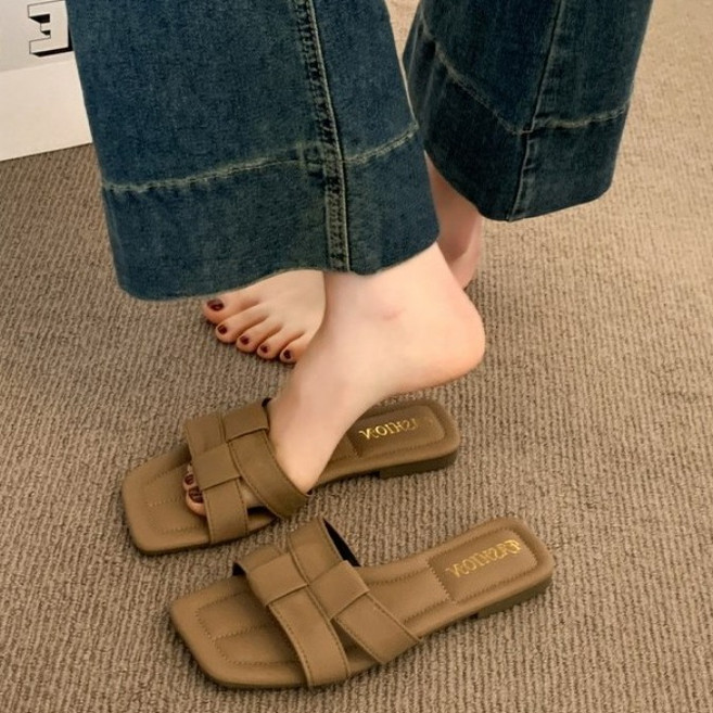 여성 발편한 플랫 사각짜임 일자 슬리퍼