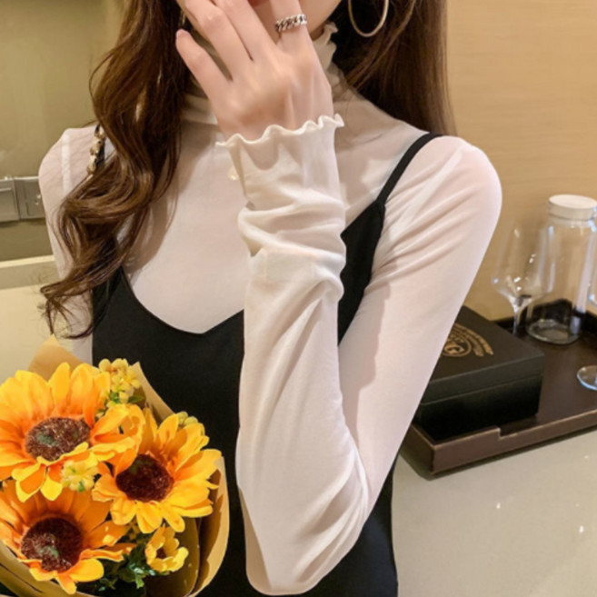 뚱보 시스루 쉬폰 레이스 반폴라 티셔츠