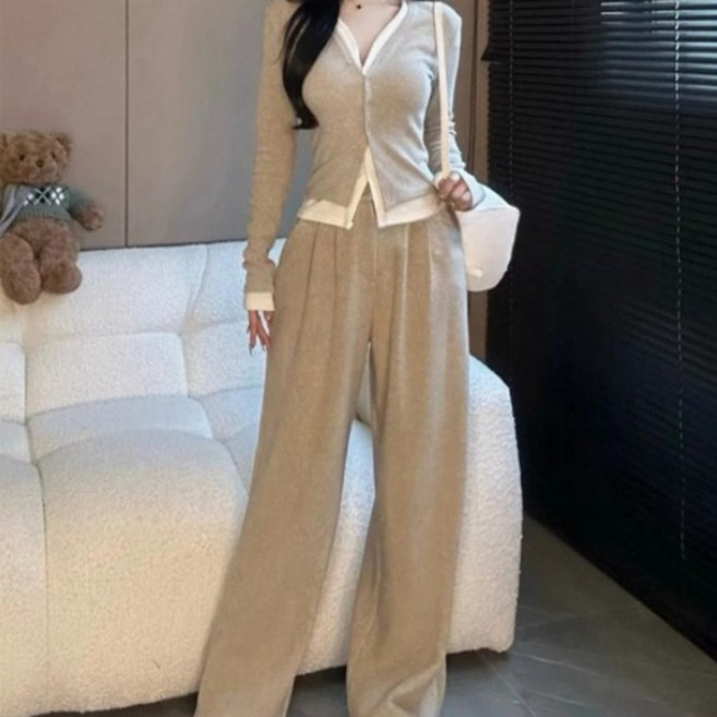COSYEVNO 여성 세트 가을 브이넥 패션 가짜 투피스 슬림 톱+하이웨이스트 와이드 팬츠 lyjnstz-02
