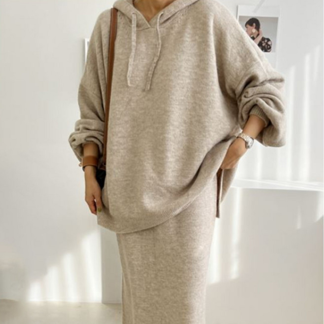 후드 니트스커트 세트 루즈핏후드티 슬림스커트 투피스 셋업