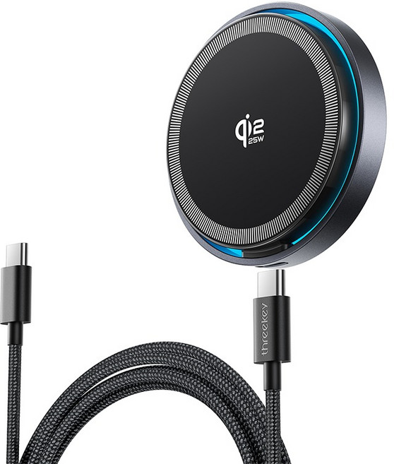 THREEKEY 맥세이프 무선 충전기 25W 초고속 충전기 호환 Qi2.2 마그네틱 무선충전기 휴대용 차량용충전기 슬림 디자인, 1개, 블랙