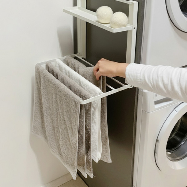 라슈에뜨 무타공 세탁기 자석 접이식 2단 빨래 건조대 공간활용 마그네틱 정리선반, 모던화이트
