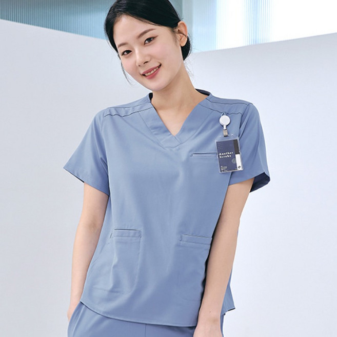 여성 V넥 히든포켓 스크럽 티셔츠 -인디고(ET-101W-3) 의사가운 약사가운 간호사복 간호복 수술복 간호사유니폼 병원가운 대학생 실습용가운 실험복 스크럽복 병원유니폼