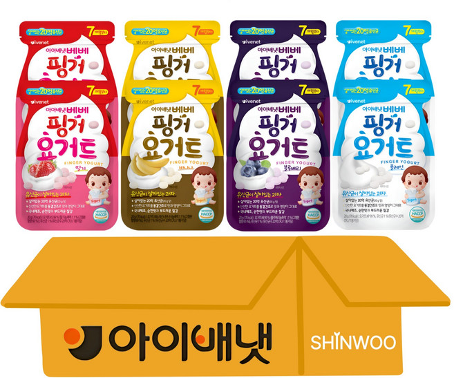[아이배냇] 베베 핑거요거트 아기과자 4종 플레인 20g 2개+딸기 20g 2개+바나나 20g 2개+블루베리 20g 2개, 1개