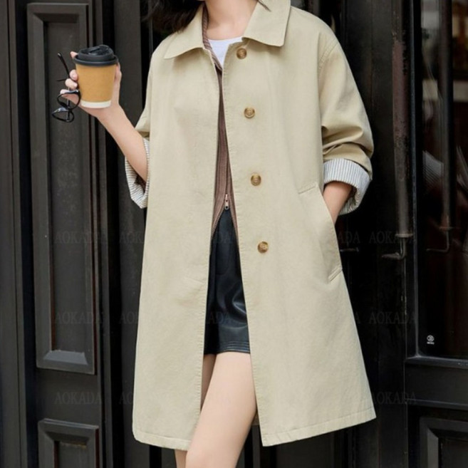 AOKADA 여성 봄 가을 루즈핏 심플 하프 코트 간절기 베이직 트렌치 코트