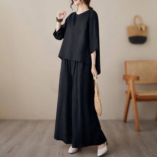 FANSYLI 여성 여름 린넨 세트 빅사이즈 캐주얼 빈티지 면마 7부 반팔 블라우스 와이드팬츠 슬랙스 상하복 2종 세트 빅사이즈 2603JLL6081