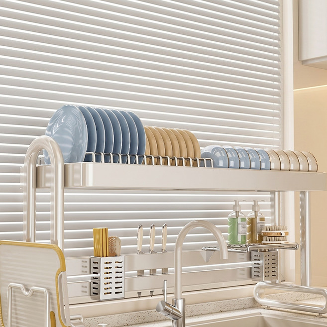LOVFIR SUS304 스텐 싱크대선반 기둥식 무타공 식기건조대 설거지건조대, 1개, 65cm 풀세트 아이보리 화이트, 1단
