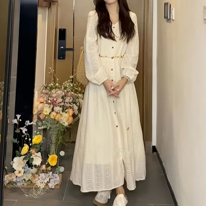 여성 펀칭 레이스 원피스 아일렛 펀칭 롱 원피스