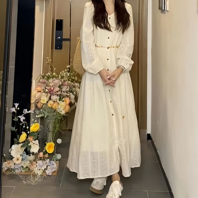 여성 펀칭 레이스 원피스 아일렛 펀칭 롱 원피스