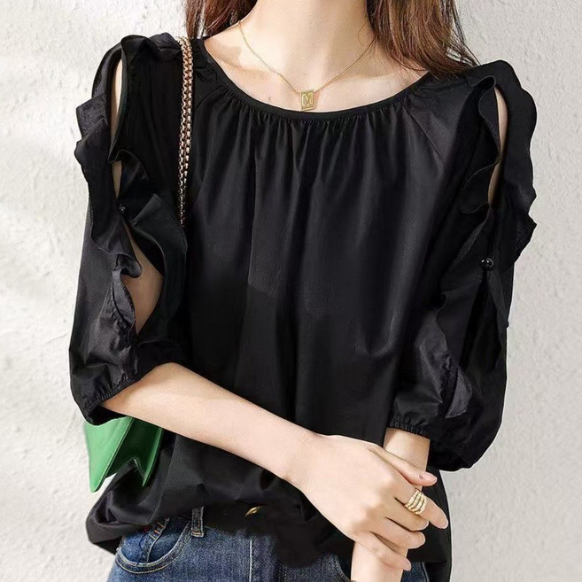 쩐쿠 여름 여성 라운드넥 어깨트임 데일리 블라우스 Y8922