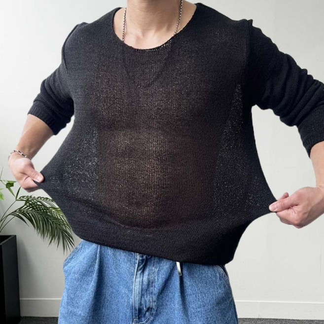 남자여름니트 냉감 린넨 쿨 슬라브 여름긴팔 시스루니트