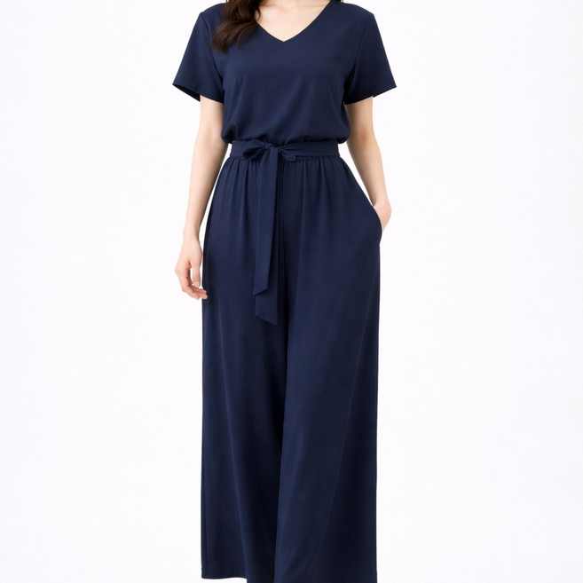 HALOGEN 브이넥 셔링반팔 쉬폰점프슈트