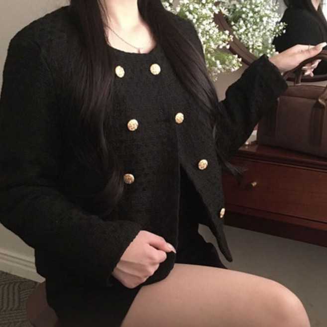 [M~XXL까지/누빔안감 자체제작]금장 울트위드 노카라(결혼식하객룩추천 겨울코디증명사진 정장가디건 빅사이즈오버핏 더블크롭자켓 파티룩 출근 데이트 오피스룩 나들이룩 모임룩 아우터