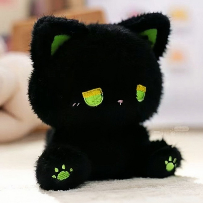 우울 고양이 인형 고양이 아이디어 봉제 완구 동물 봉제 인형 동물 피규어 동행 인형 생일 선물, 1개, 검은 고양이 녹색 눈, 16cm