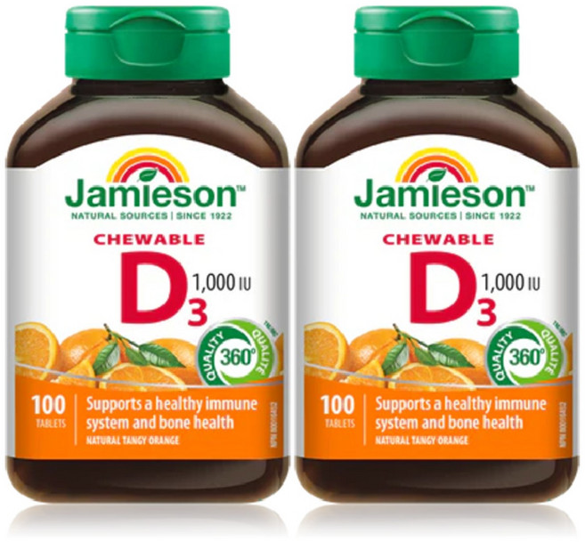 [자미에슨] 씹어먹는 비타민 D3 1000IU 100 츄어블 타블렛, 2개, 100정