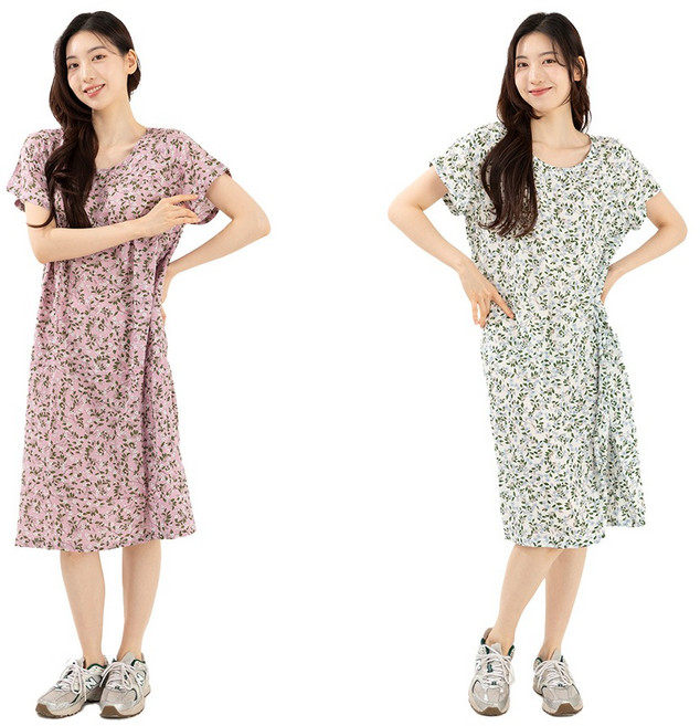 시크나인 1+1 아사면 꽃무늬 원피스 잠옷 홈웨어 나시 반팔