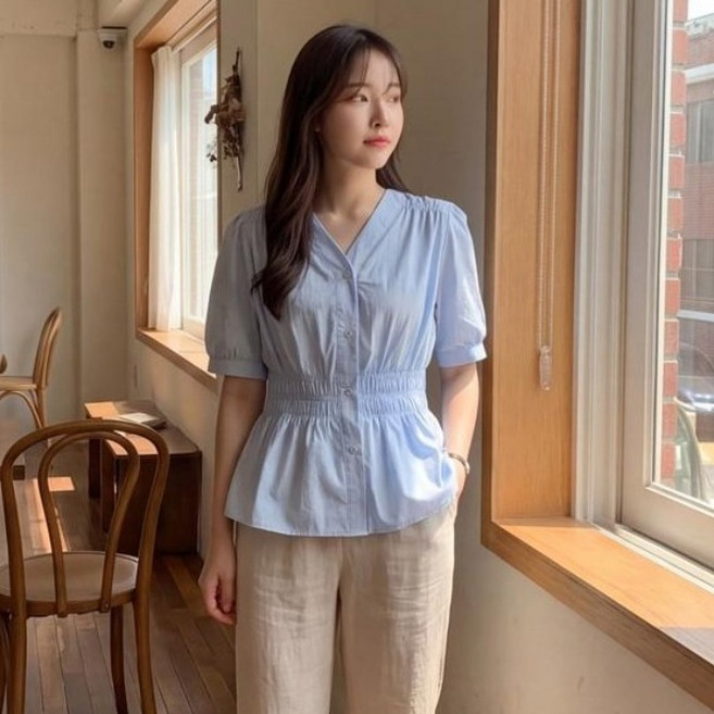 B178-8 피필스 빅사이즈 여성 브이넥 반팔 스모크 셔링 블라우스 여름용