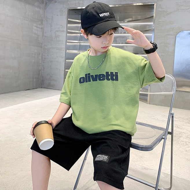 비비키드 주니어 남아 여름 상하복 세트 초중생 olivetti 모자소년 반팔티 초등생 반바지 세트 (6233)
