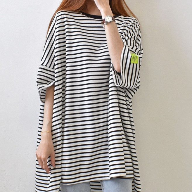 라온투유 빅사이즈 오버핏 스트라이프 박스 반팔티