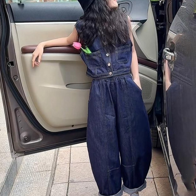 해피유통 여아 청바지 멜빵 바지 세트 패셔너블한 캐주얼룩디자인14세 이상