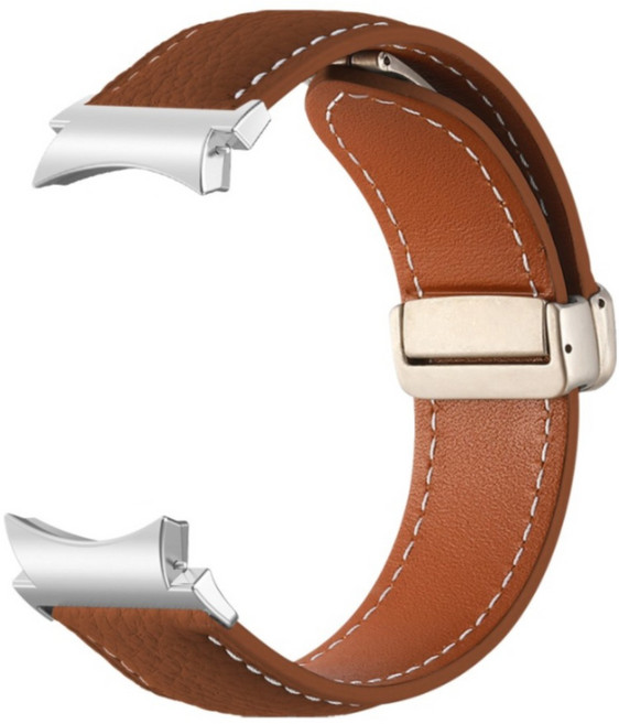 더조은셀러 갤럭시워치6 5 4 원터치 버튼프리 디버클 천연가죽 스트랩 시계줄 밴드, 브라운